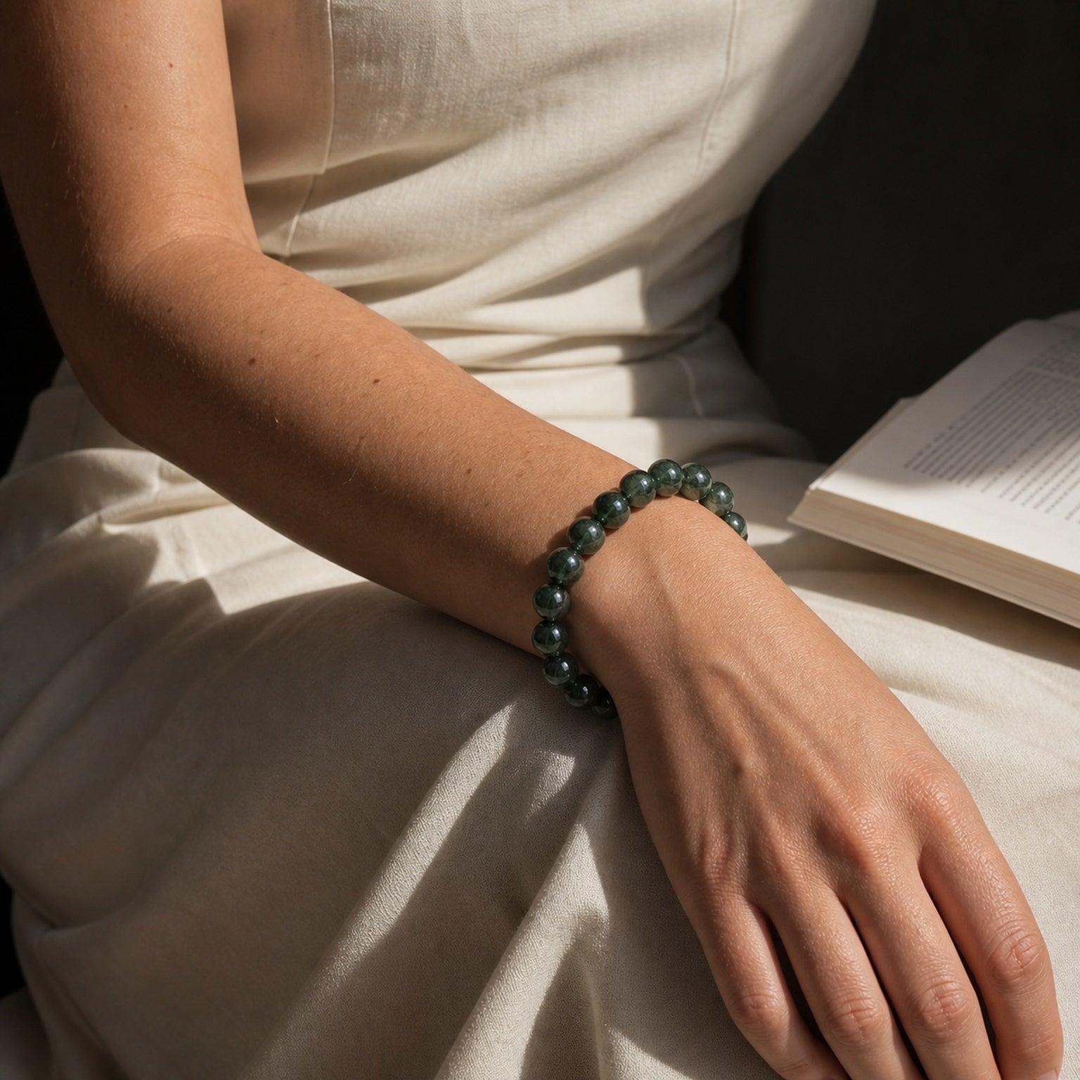 Close wrist detail of Green Rutilated Quartz
