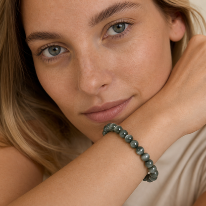 Cat's-Eye Green Rutilated Quartz shown on a woman from a second angle