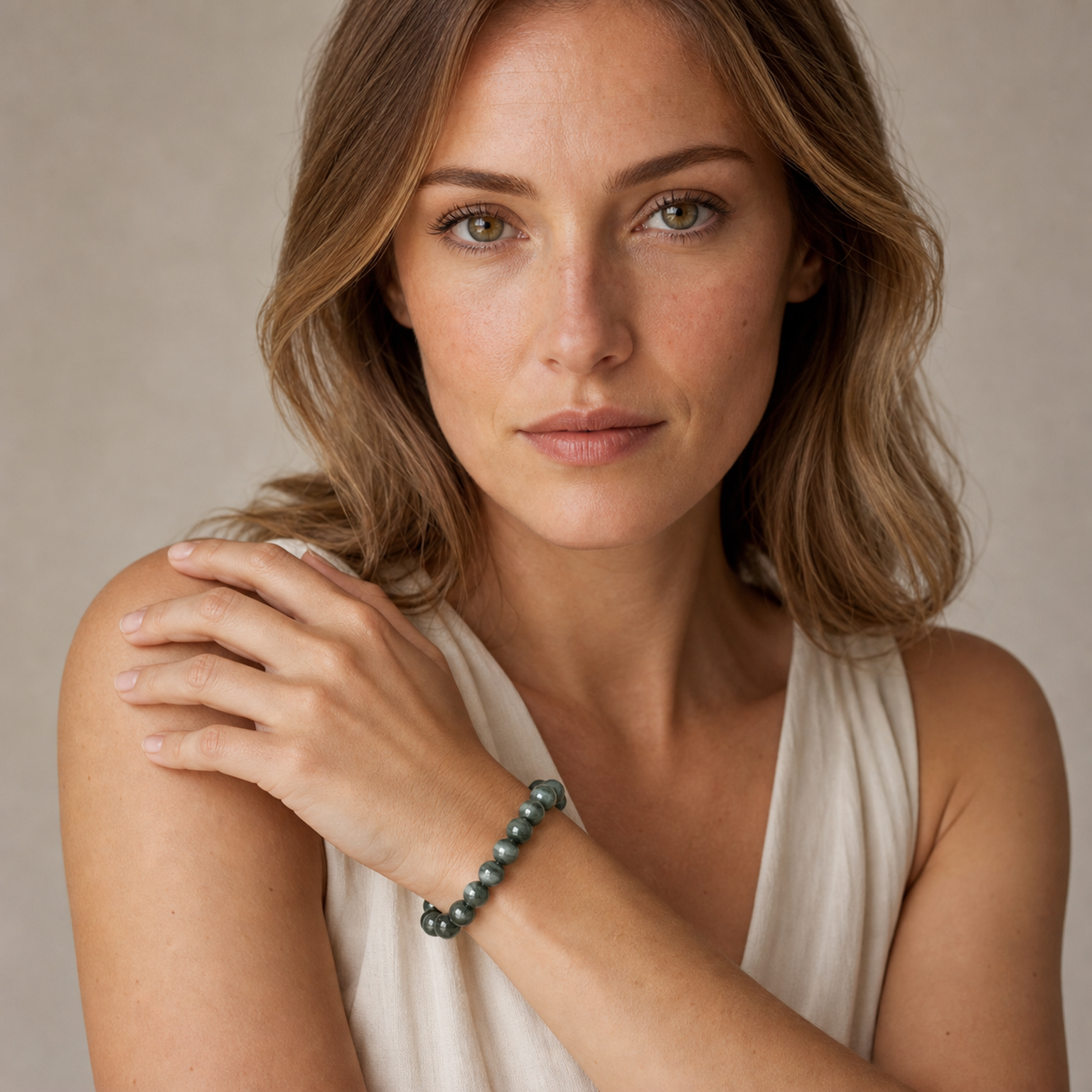 Cat's-Eye Green Rutilated Quartz styled on a woman in a close product view