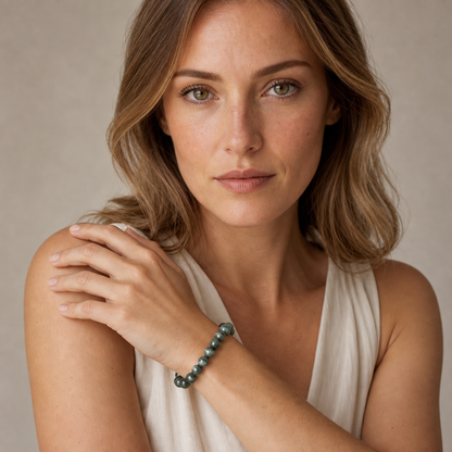 Cat's-Eye Green Rutilated Quartz styled on a woman in a close product view