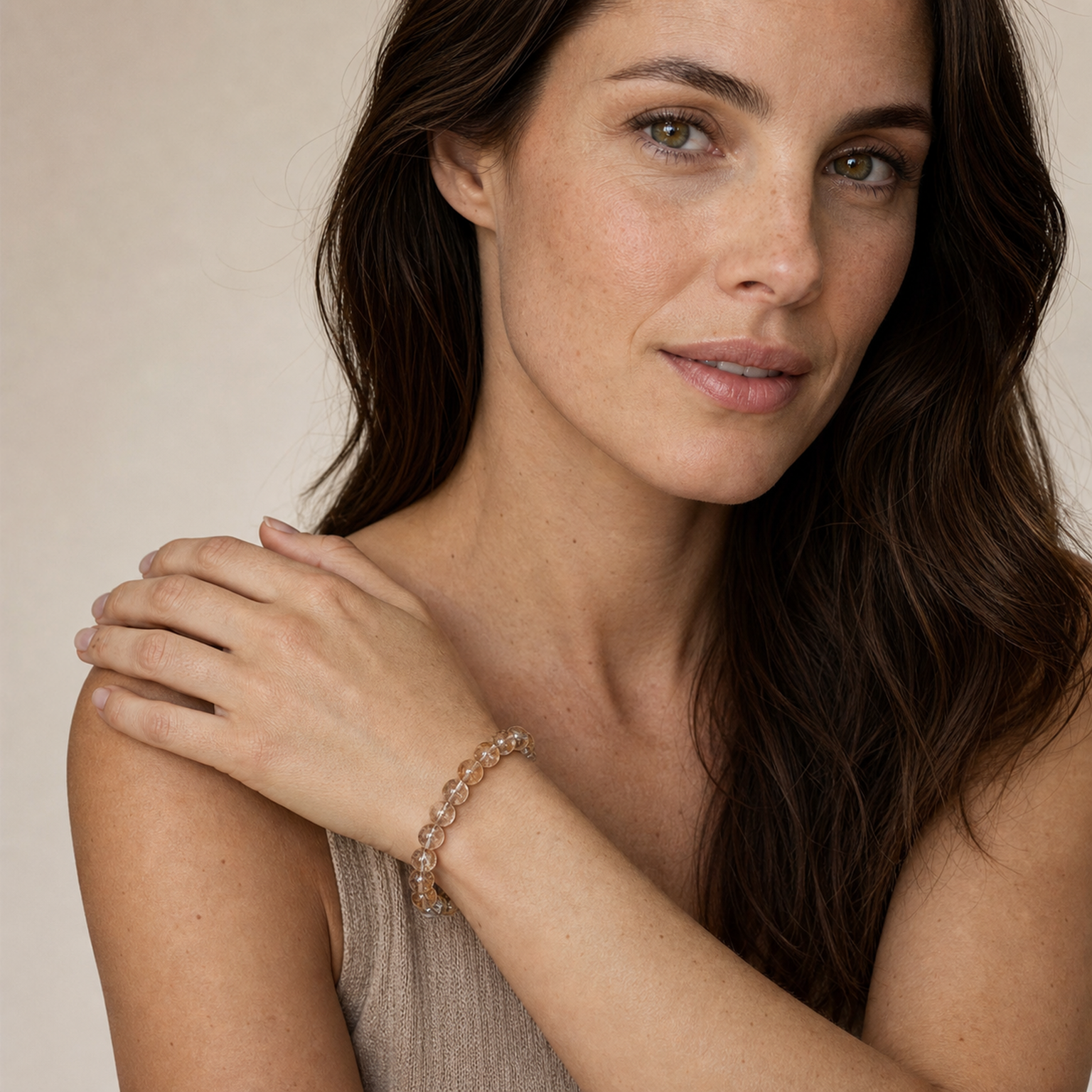 Devil's Silver Rutilated Quartz styled on a woman in a close product view