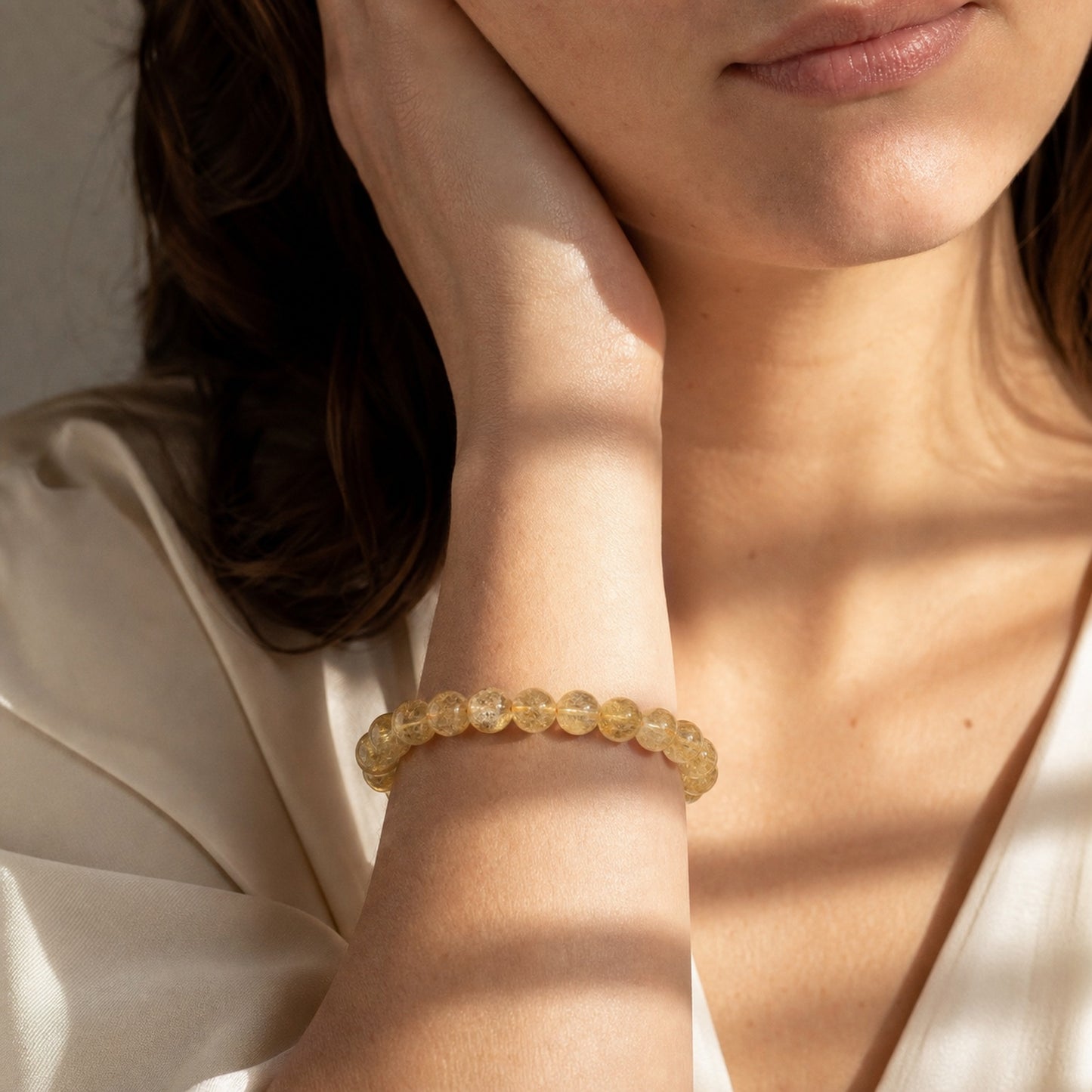 Close wrist detail of Venus Hair Quartz