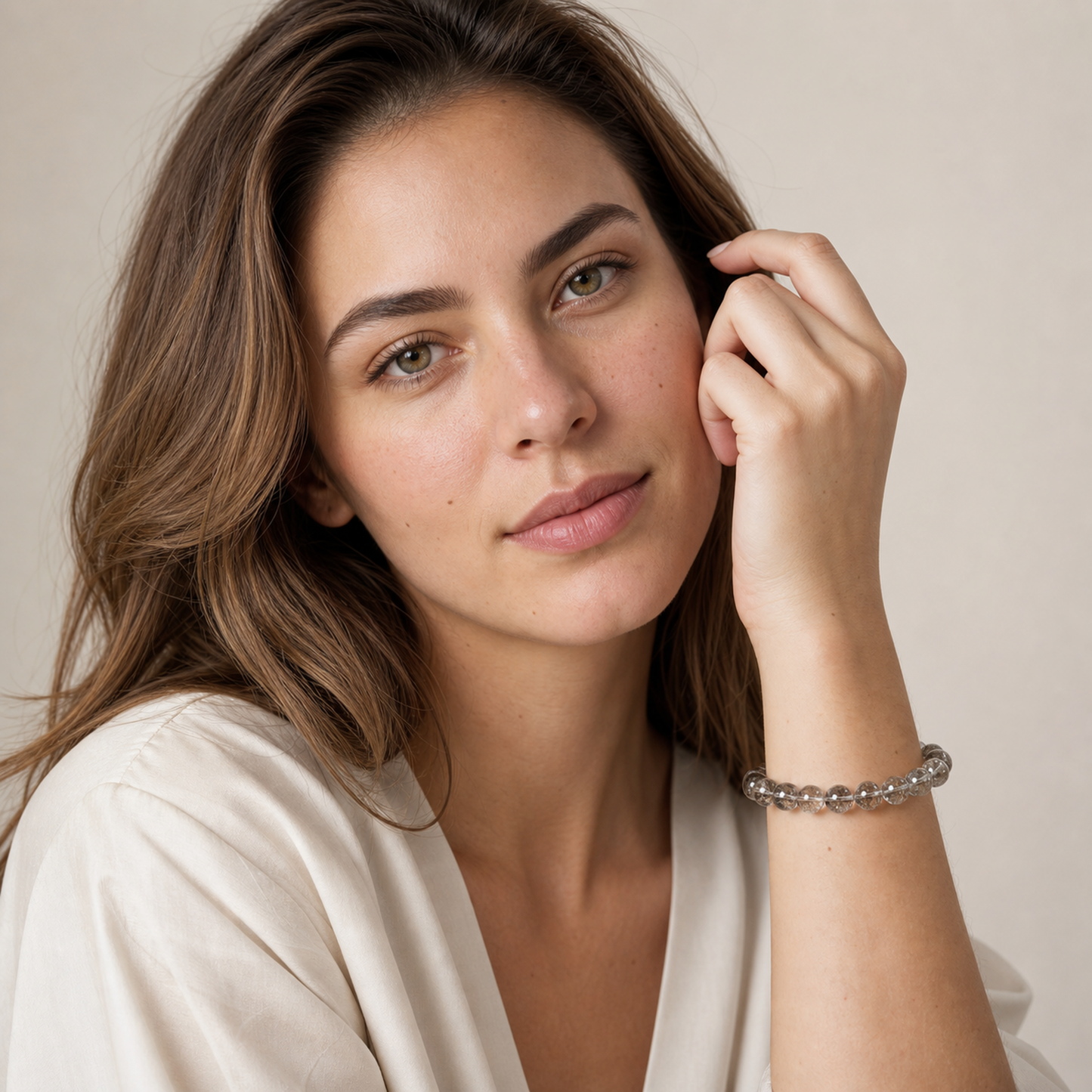 Silver Rutilated Quartz worn by a woman