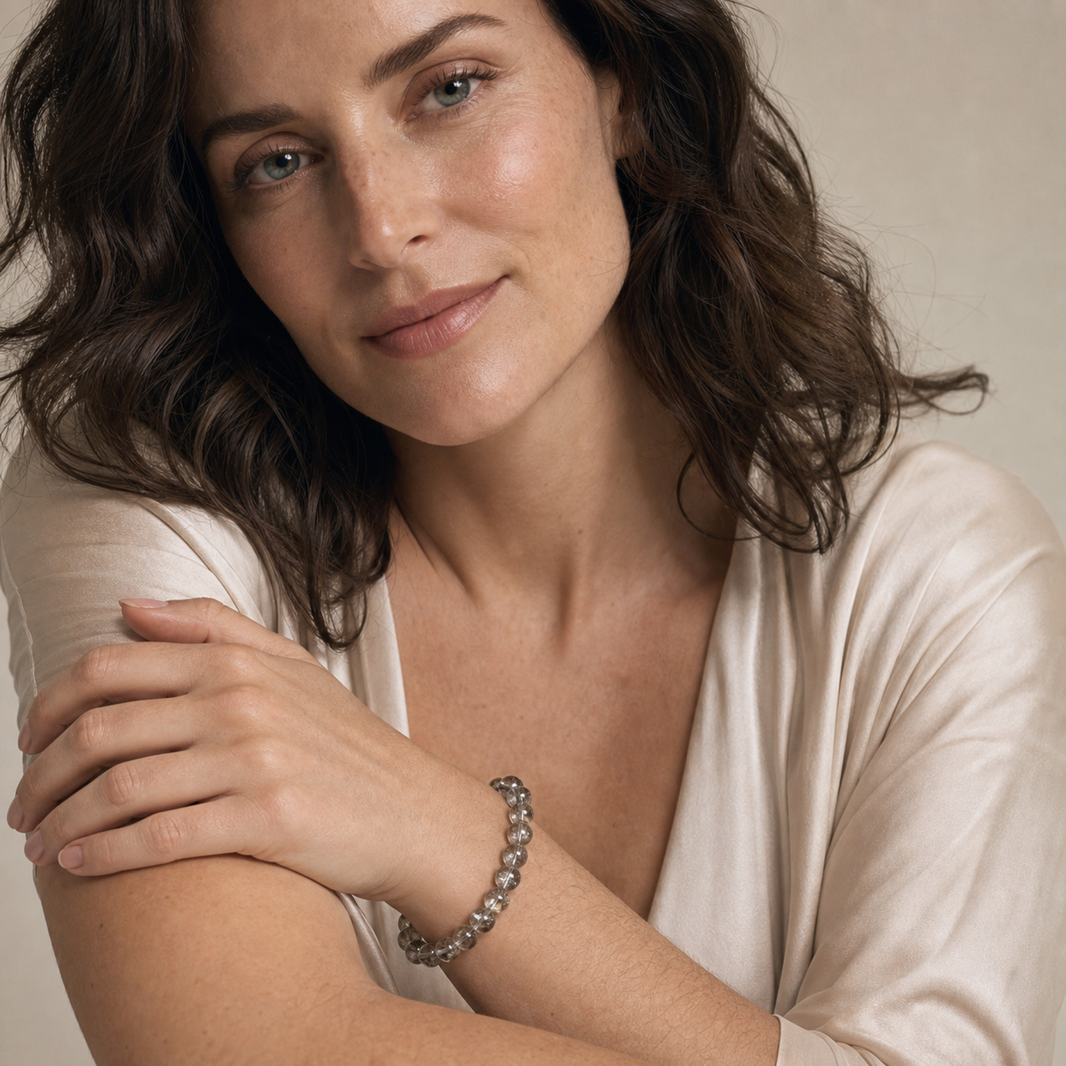 Silver Rutilated Quartz shown on a woman from a second angle