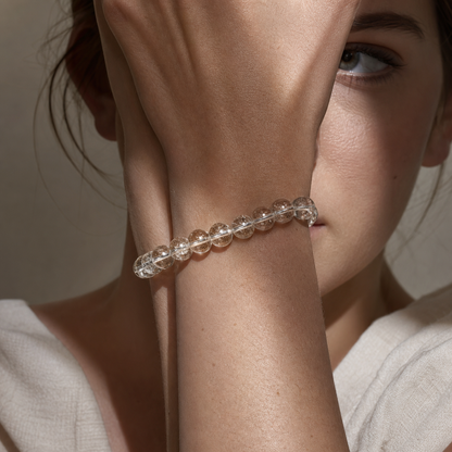 Close wrist detail of Silver Rutilated Quartz