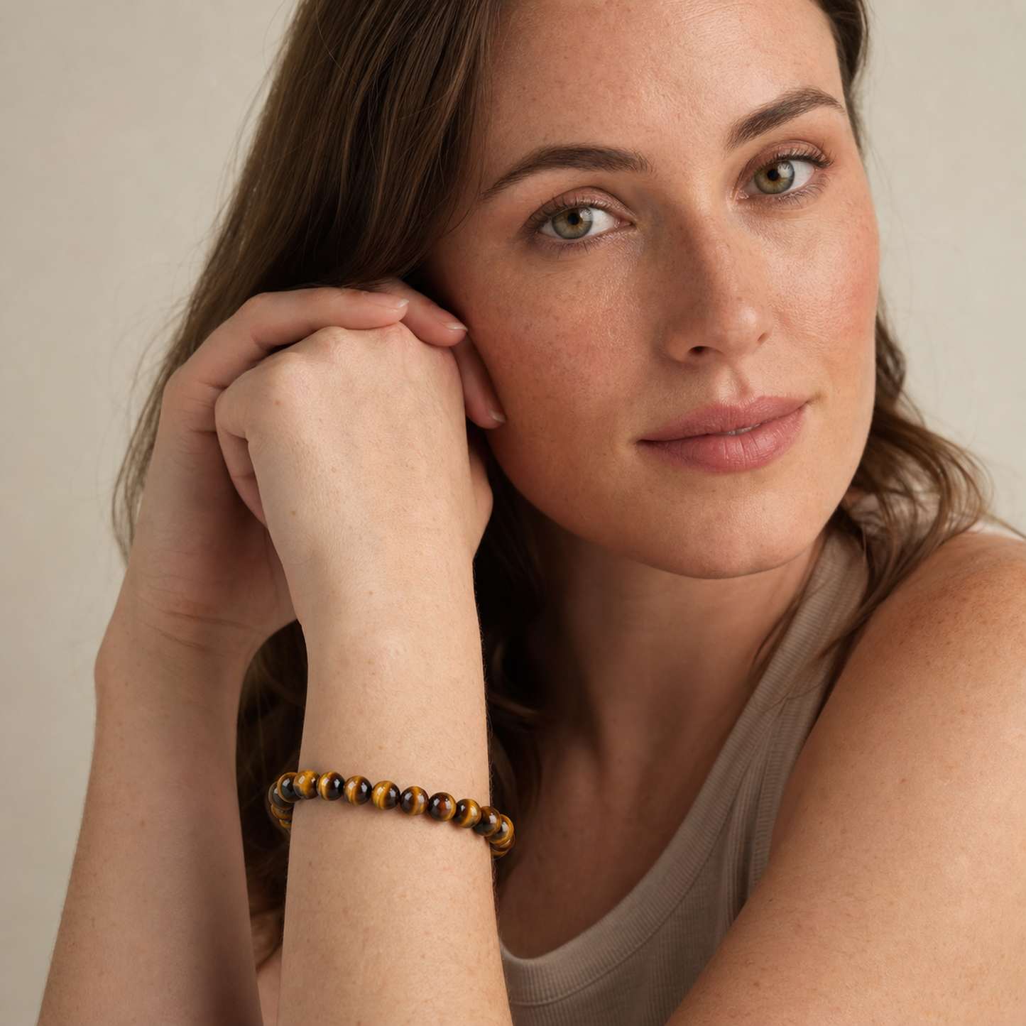 Tiger's Eye shown on a woman from a second angle
