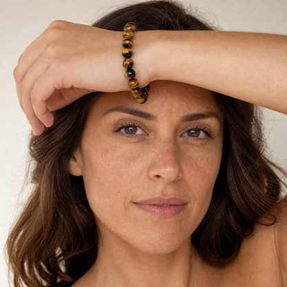 Tiger's Eye styled on a woman in a close product view