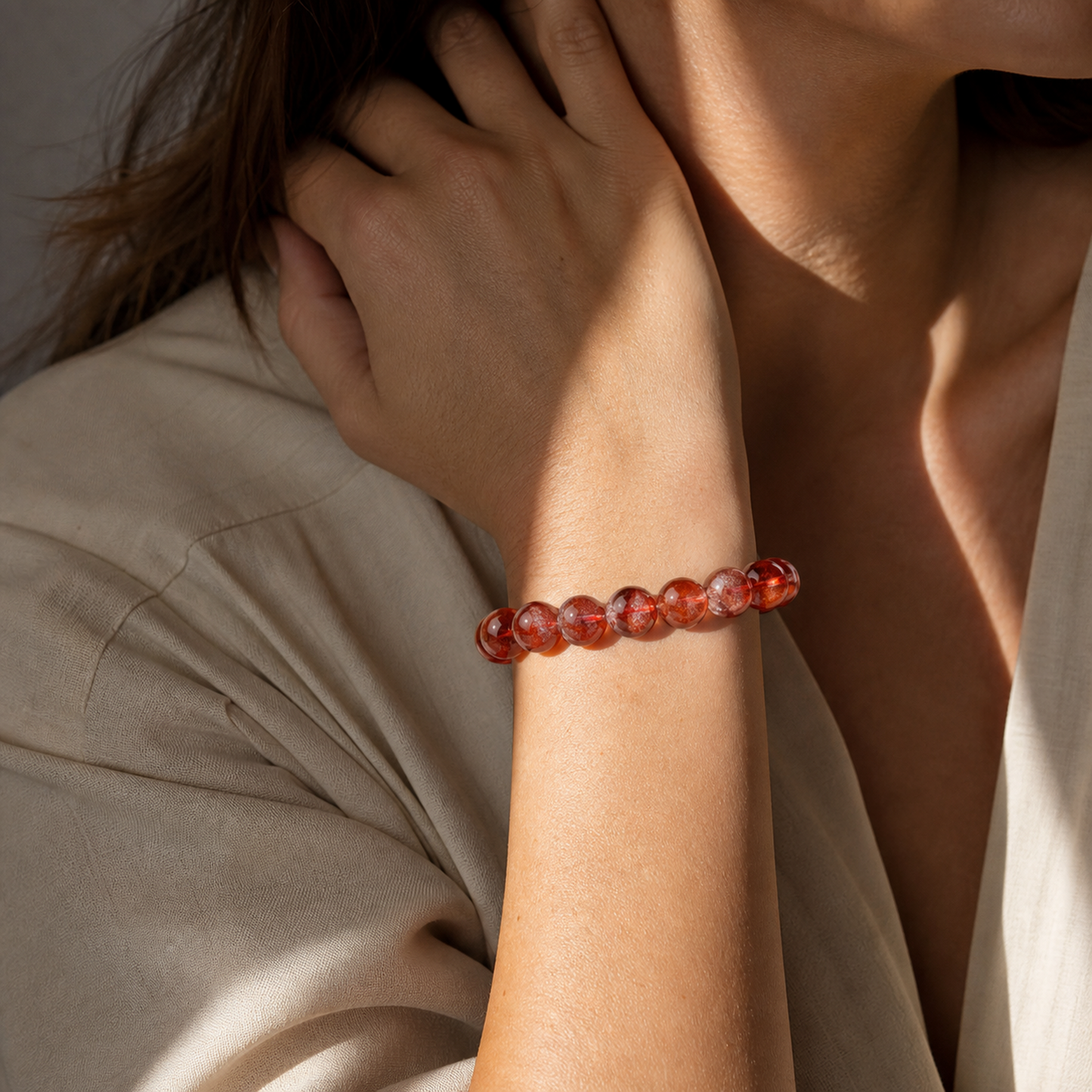 Close wrist detail of Red Hematoid Quartz