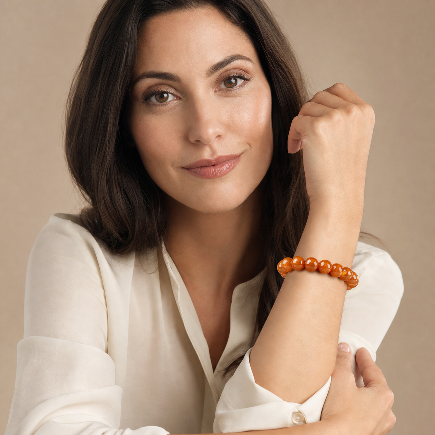 Yellow Hematoid Quartz styled on a woman in a close product view