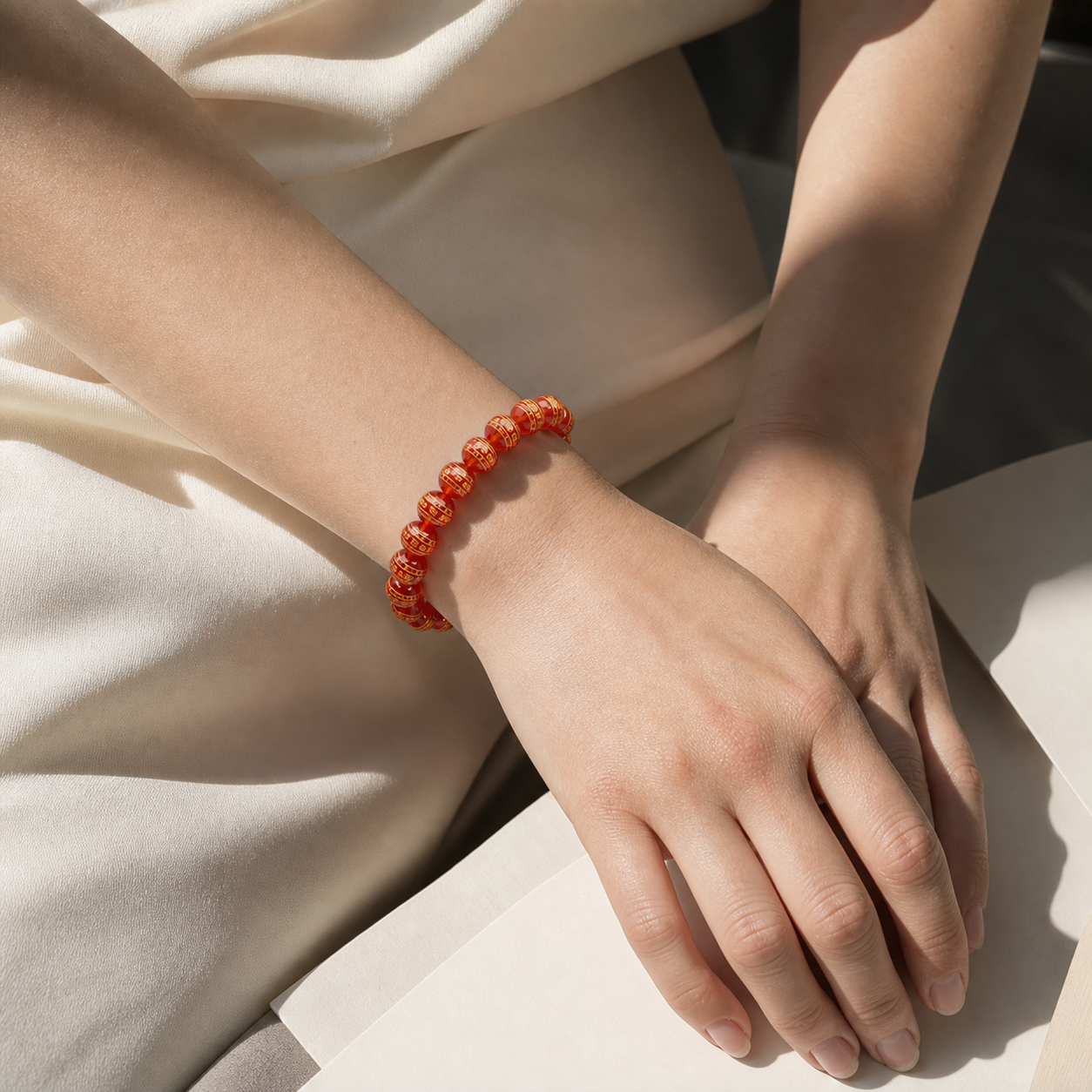 Close wrist detail of Black Agate