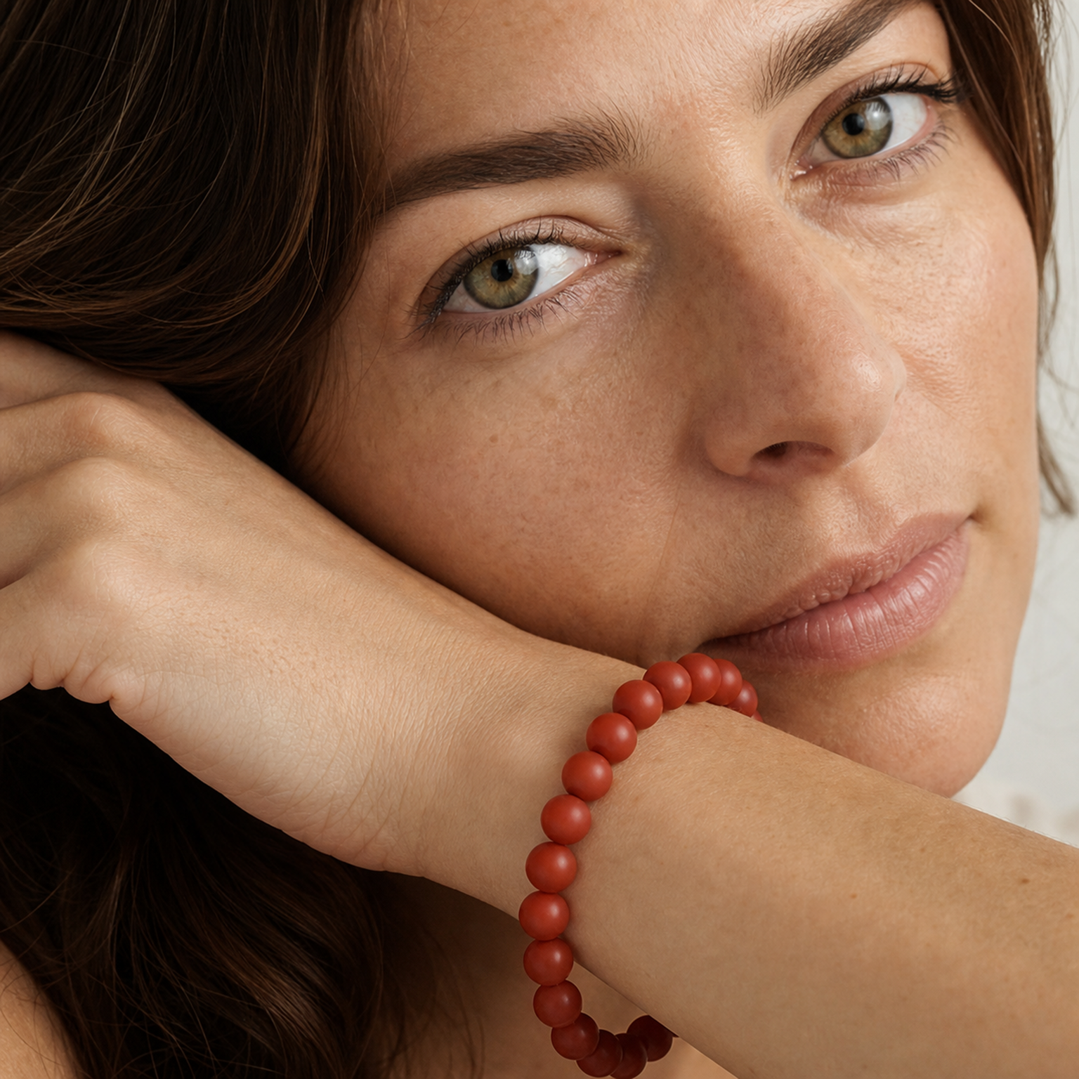 Red Agate worn by a woman