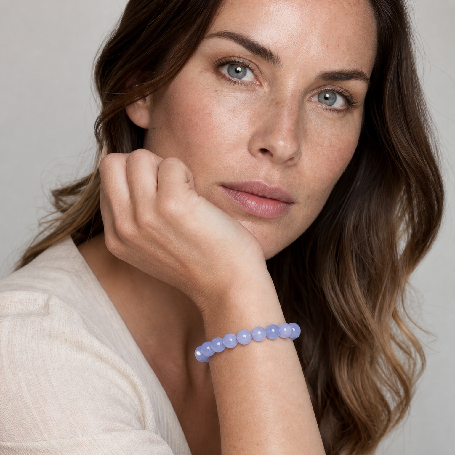 Blue Lace Agate worn by a woman