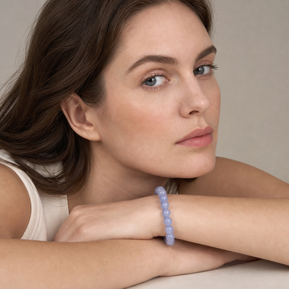 Blue Lace Agate shown on a woman from a second angle