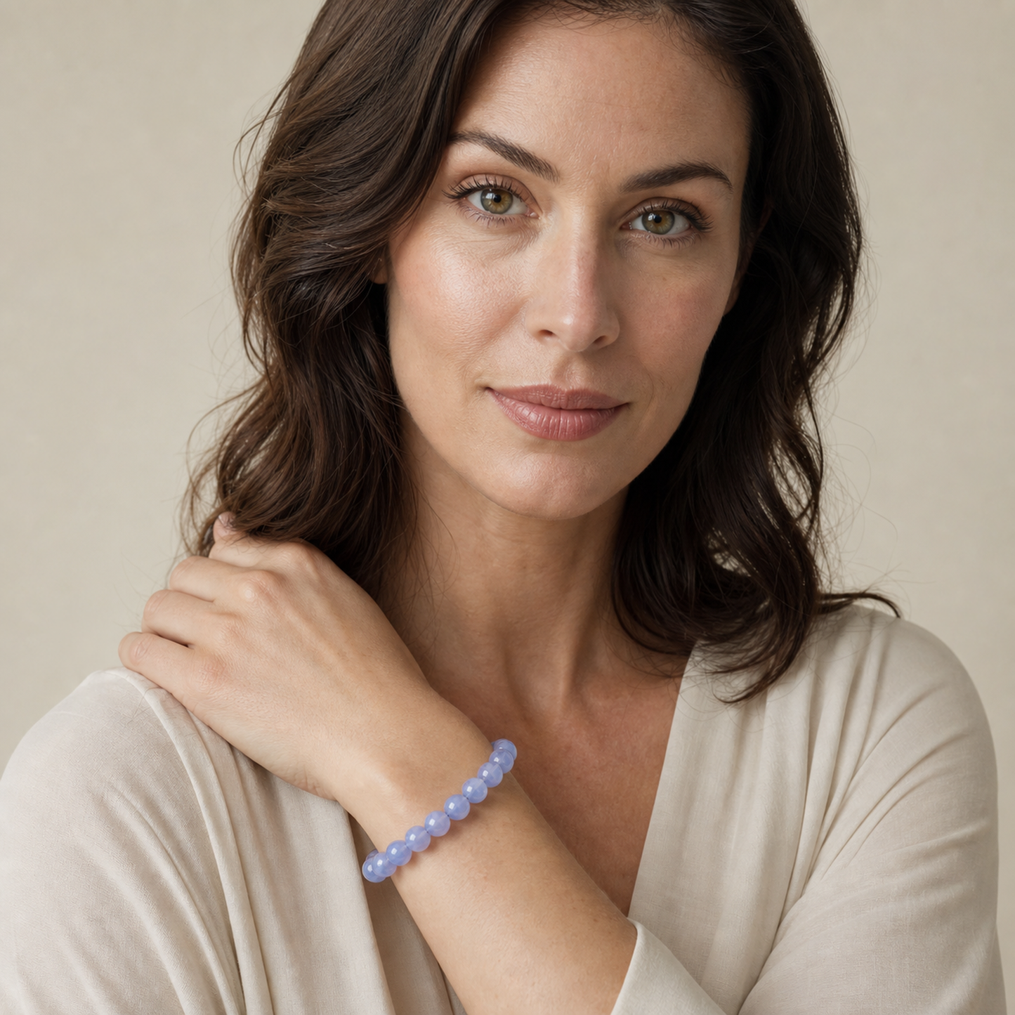 Blue Lace Agate styled on a woman in a close product view