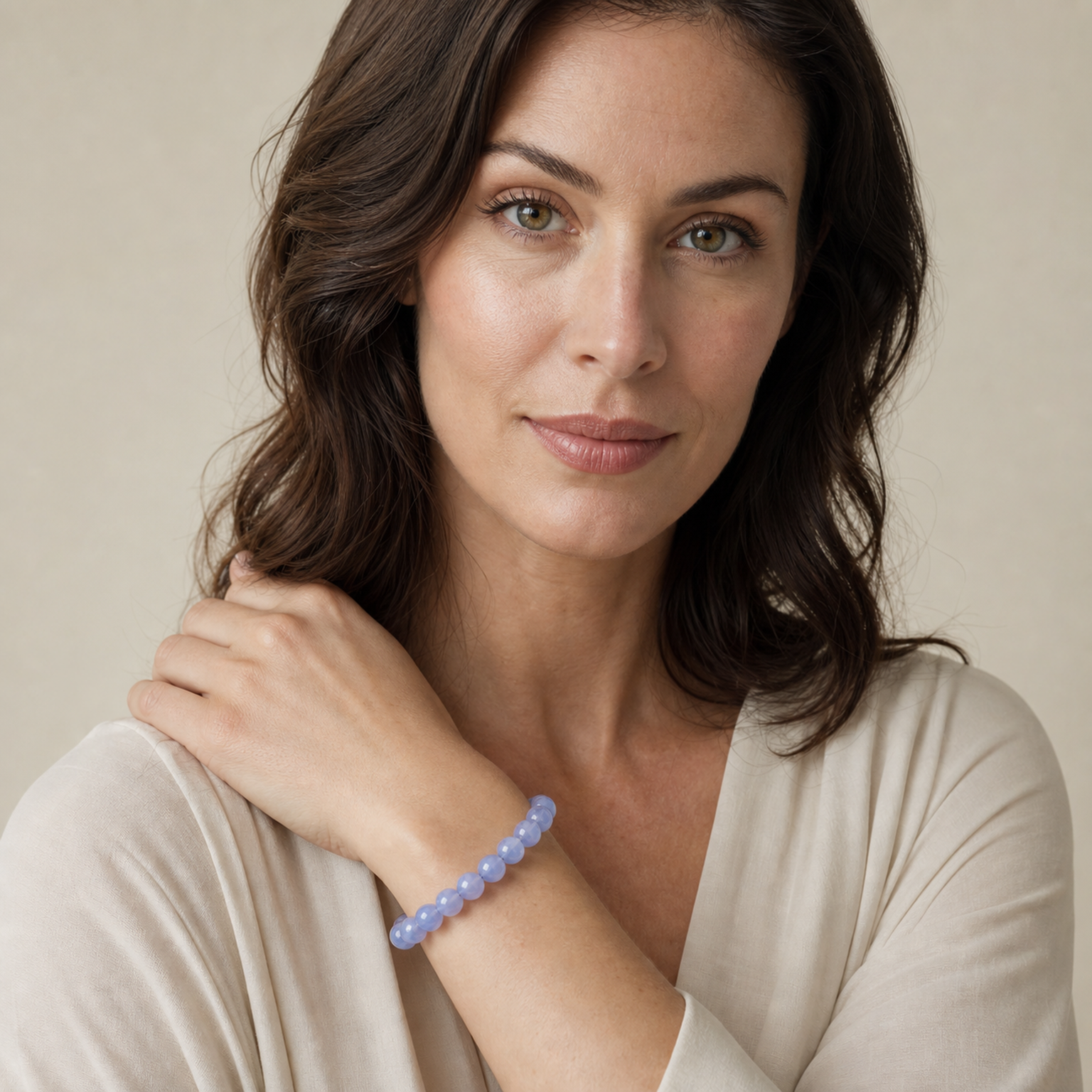 Blue Lace Agate styled on a woman in a close product view