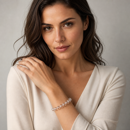 Clear Quartz worn by a woman with the bracelet in focus