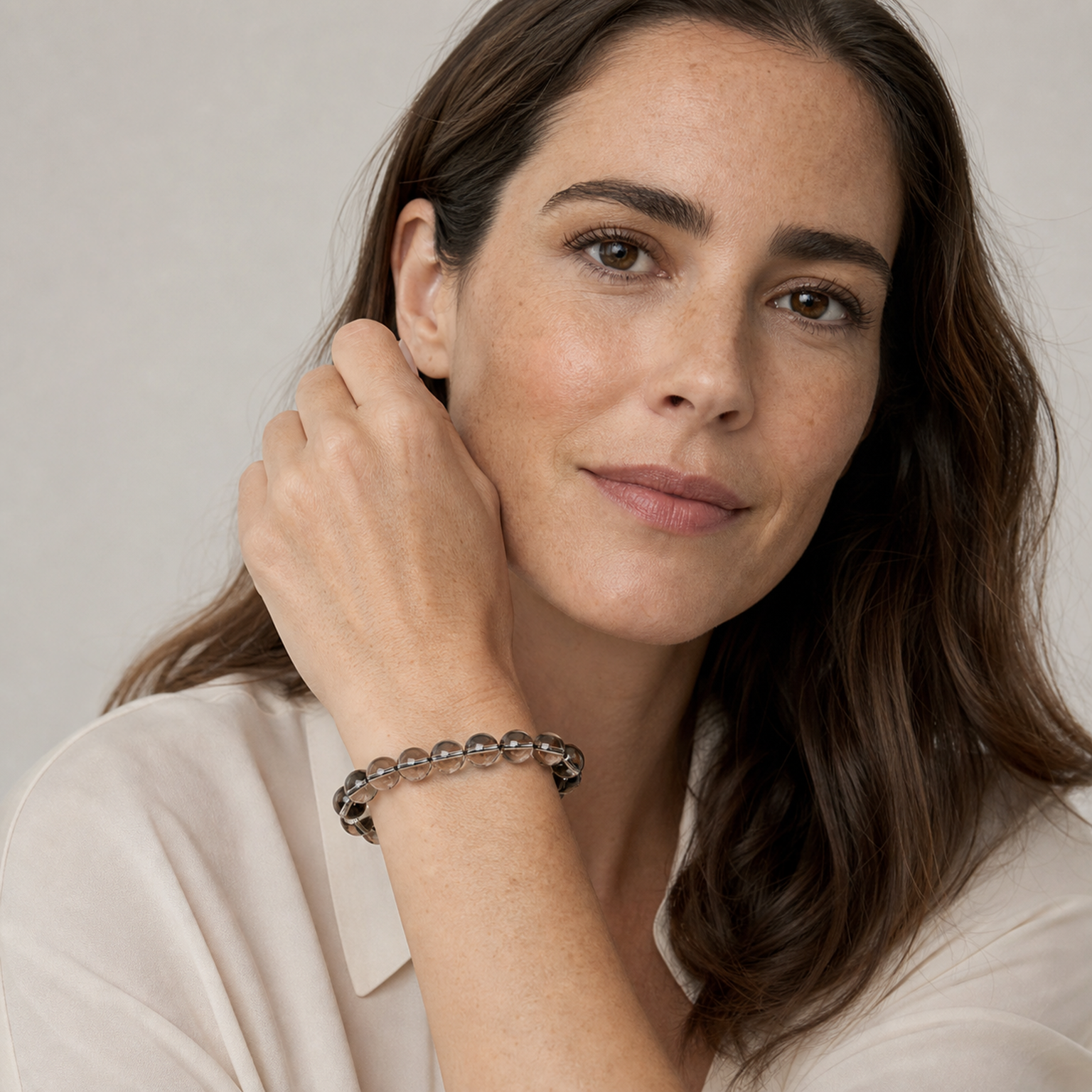 Smoky Quartz styled on a woman in a close product view