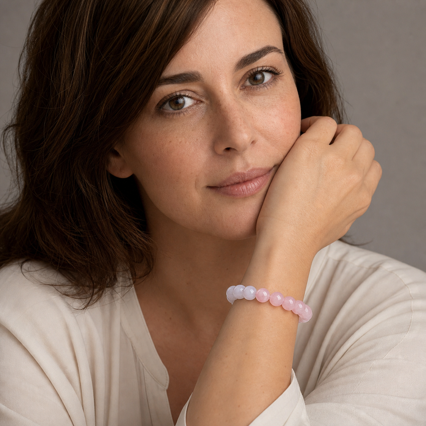 Rose Quartz styled on a woman in a close product view