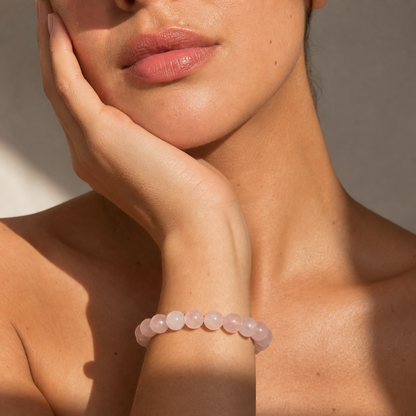 Cropped wrist view of Rose Quartz