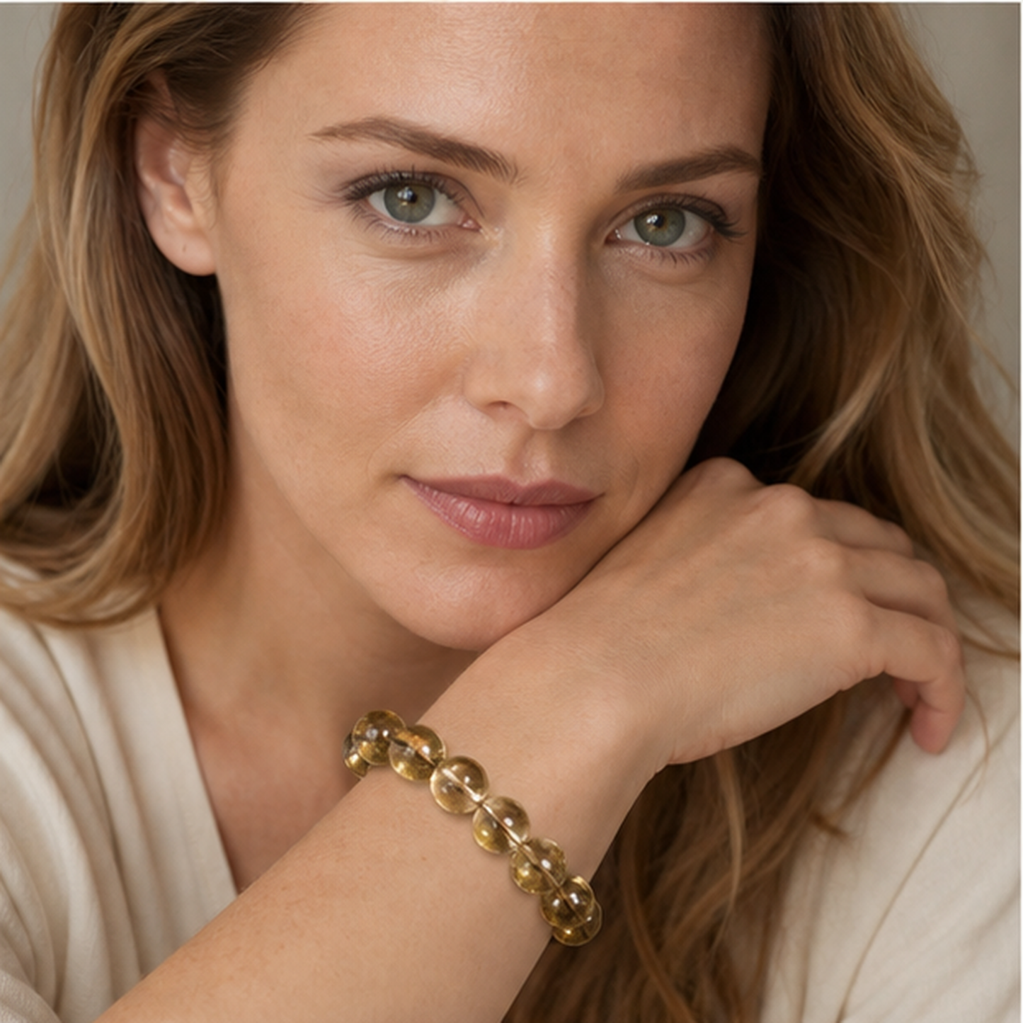 Golden Smoky Quartz styled on a woman in a close product view