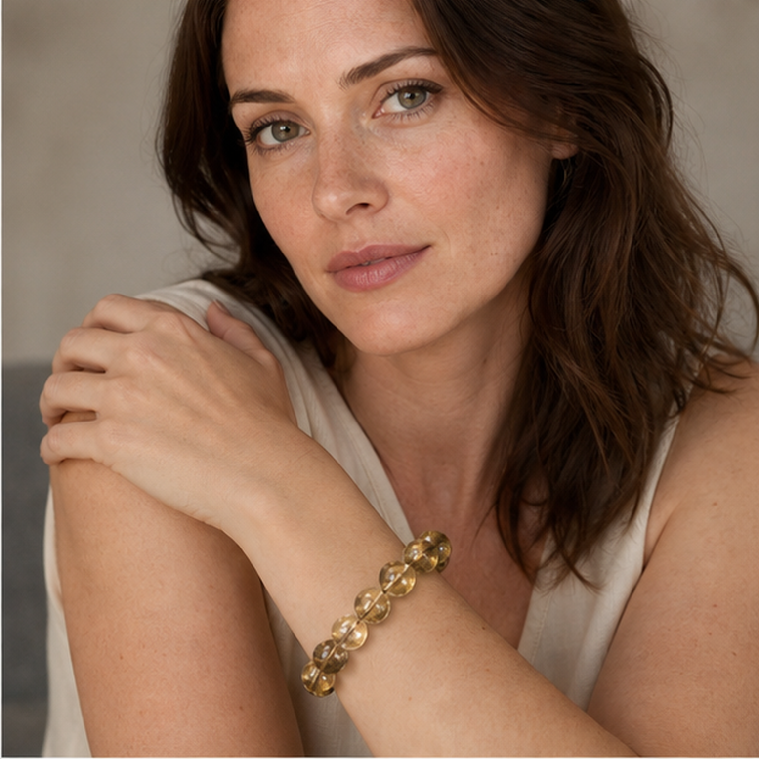 Golden Smoky Quartz worn by a woman with the bracelet in focus