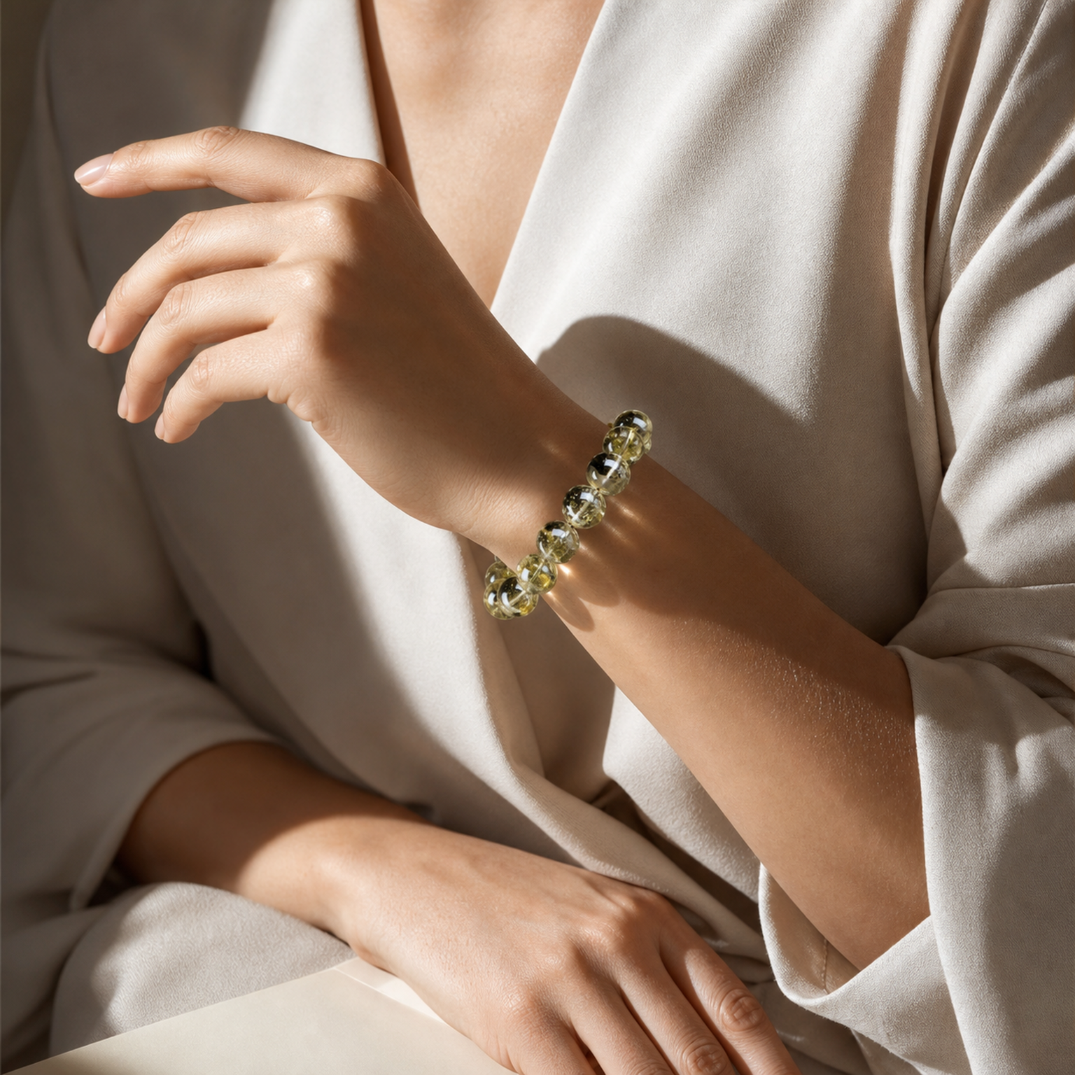 Close wrist detail of Golden Smoky Quartz