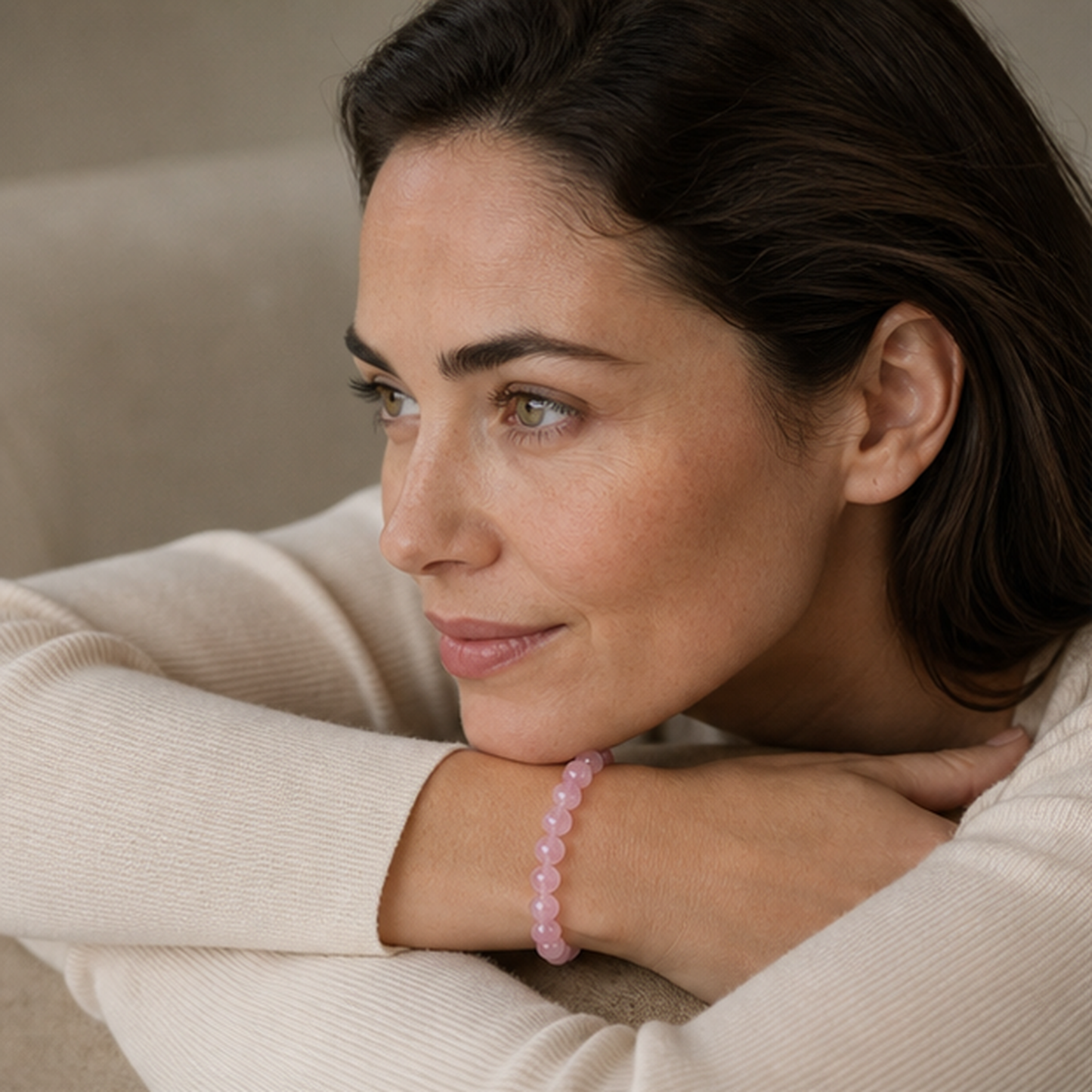 Madagascar Rose Quartz worn by a woman