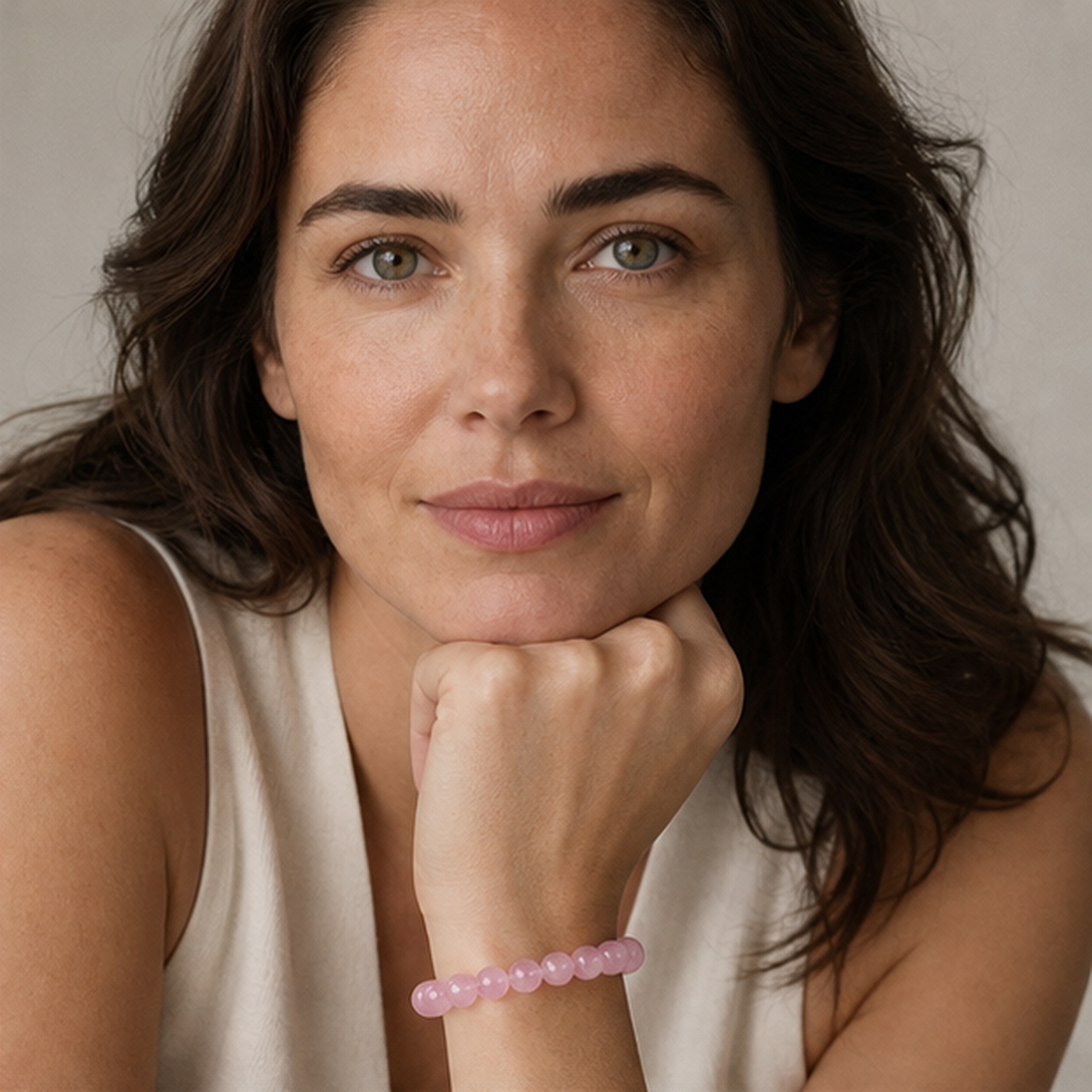 Madagascar Rose Quartz shown on a woman from a second angle
