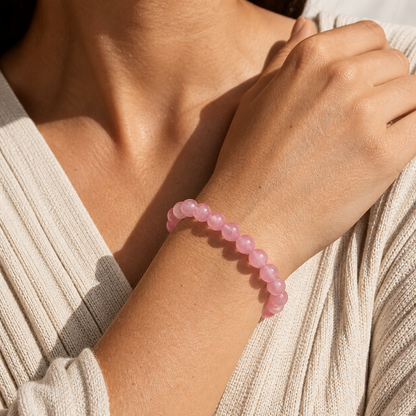Cropped wrist view of Madagascar Rose Quartz