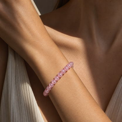 Close wrist detail of Madagascar Rose Quartz