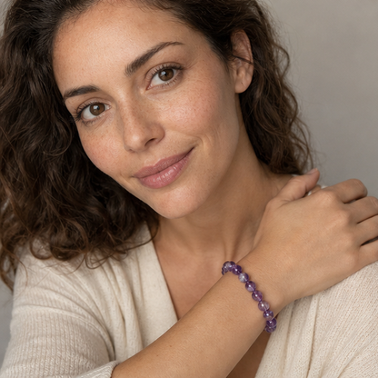 Dream Amethyst styled on a woman in a close product view