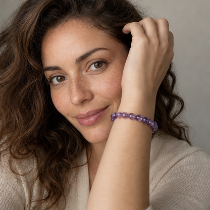 Dream Amethyst worn by a woman with the bracelet in focus