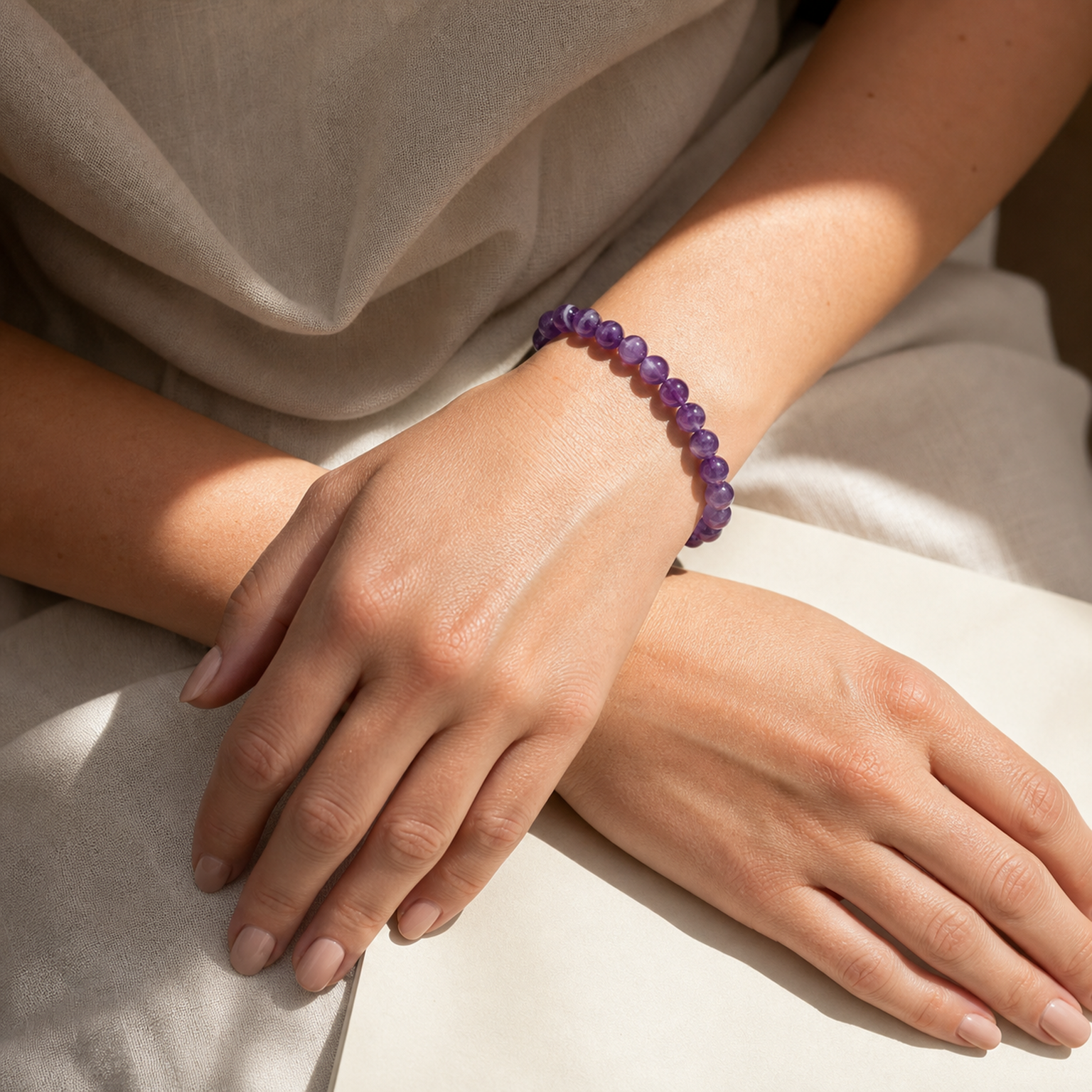 Close wrist detail of Dream Amethyst