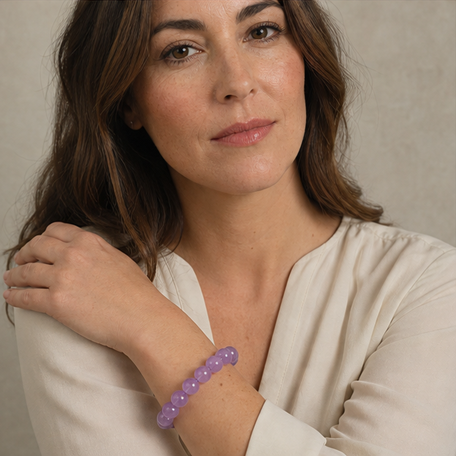 Light Amethyst styled on a woman in a close product view