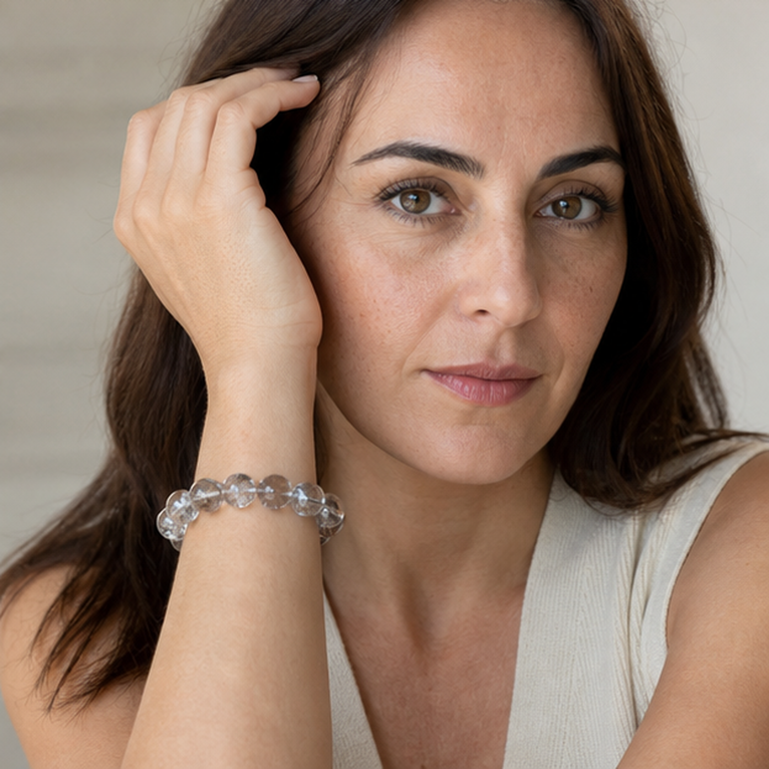 Sparkling Quartz worn by a woman with the bracelet in focus
