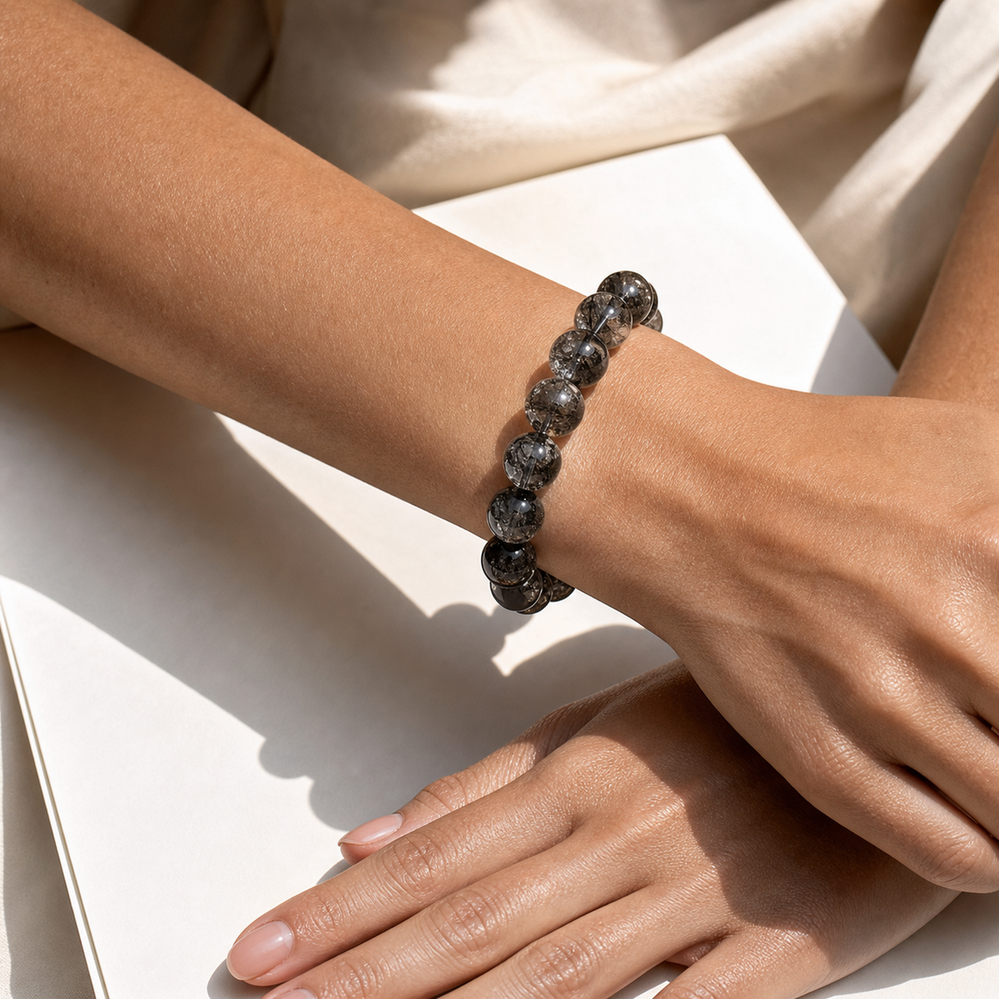 Close wrist detail of Sparkling Quartz