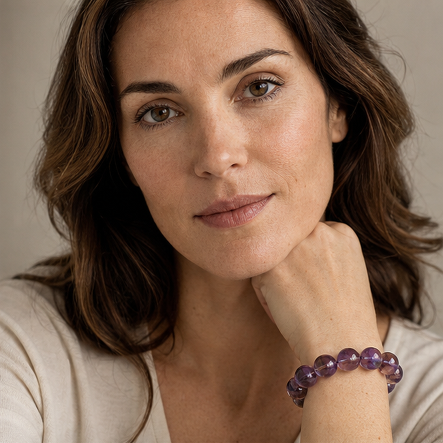 Ametrine shown on a woman from a second angle