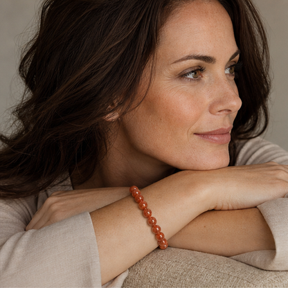 Golden Sunstone worn by a woman