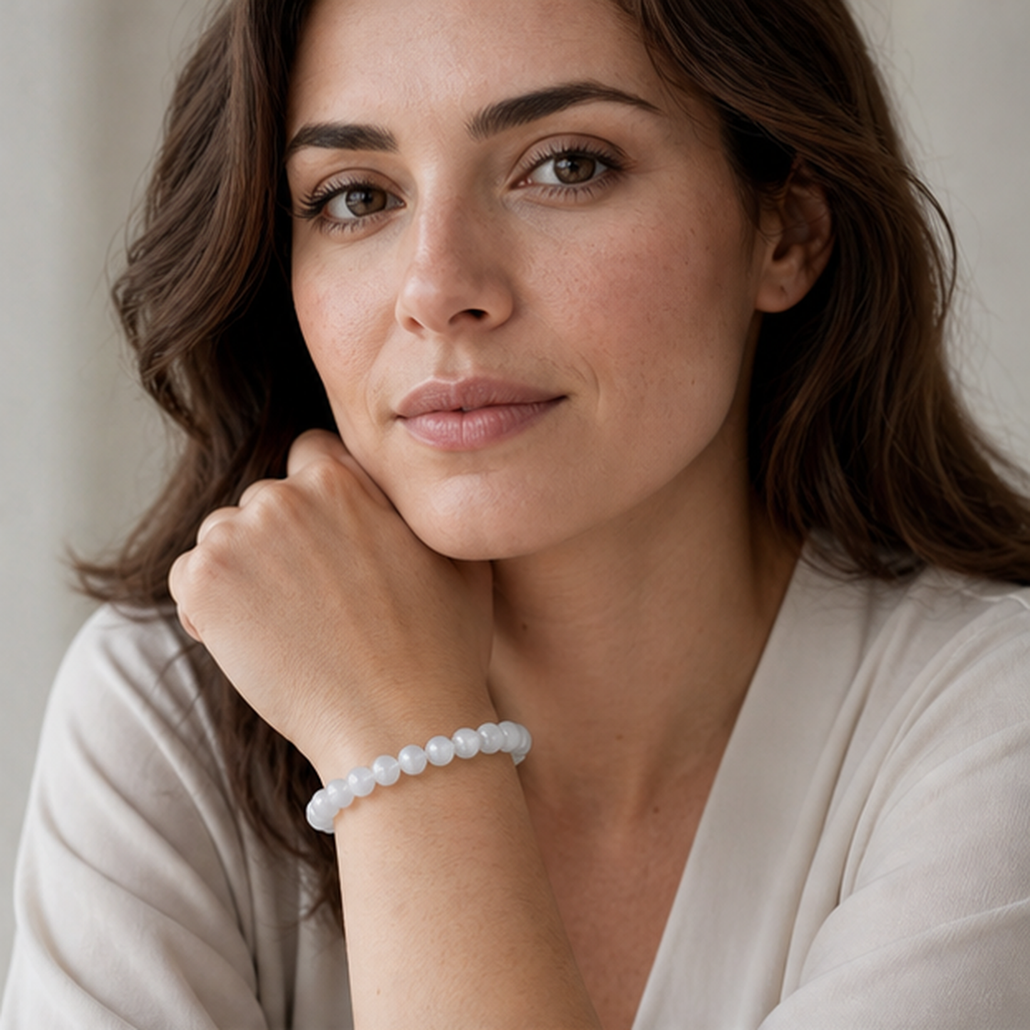 White Rabbit Hair Quartz shown on a woman from a second angle
