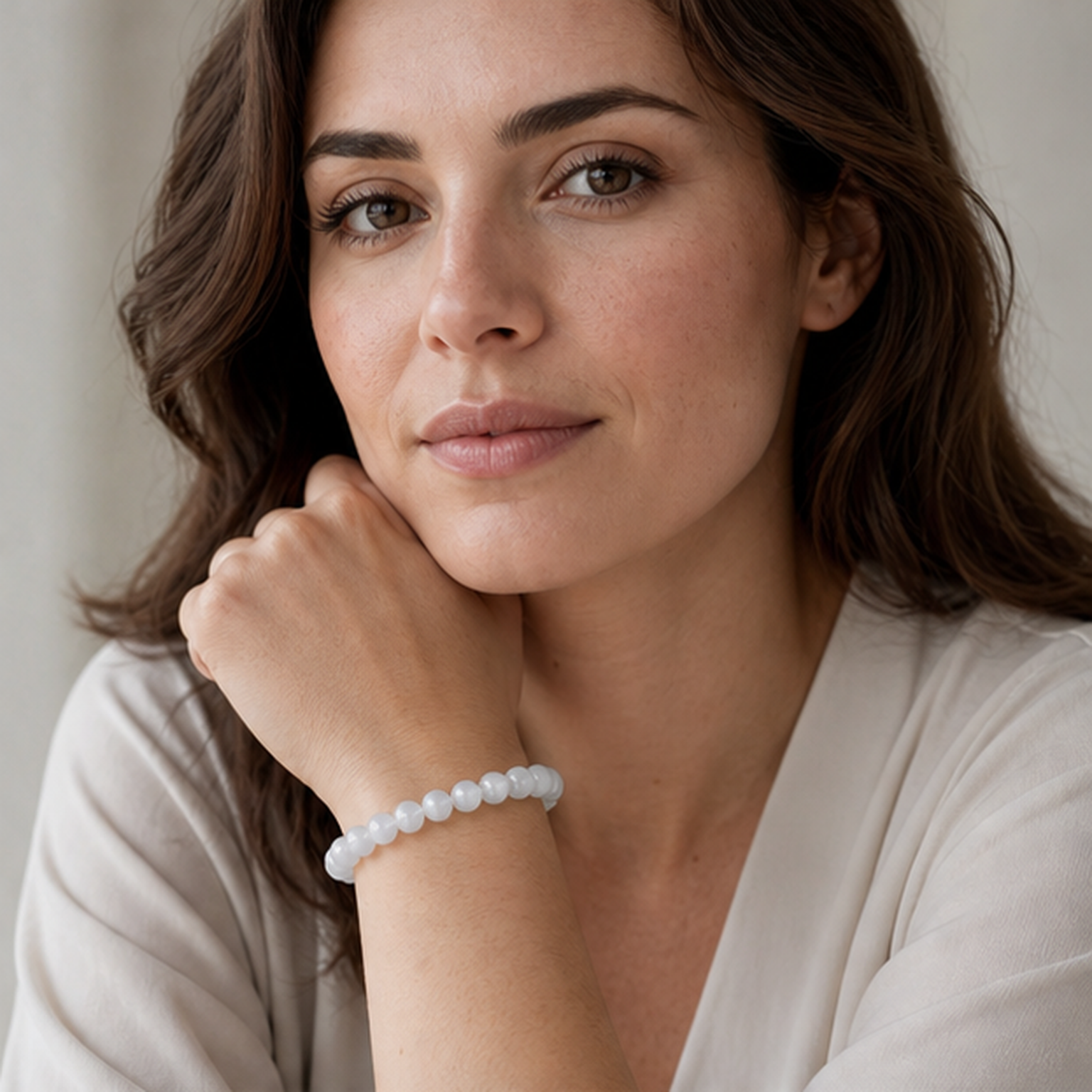 White Rabbit Hair Quartz shown on a woman from a second angle
