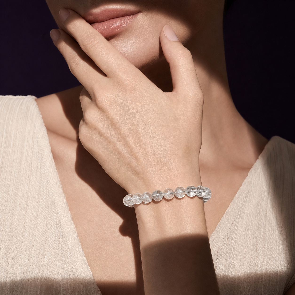 Snow Azeztulite bracelet worn on a model's wrist