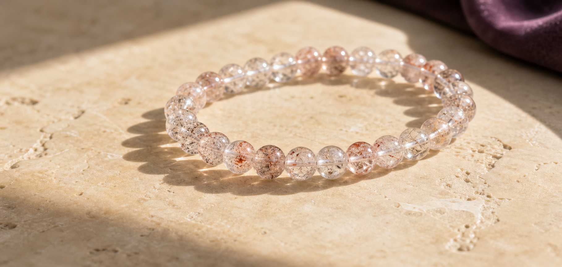Pale pink and clear finished bracelet in a sunlit editorial setting