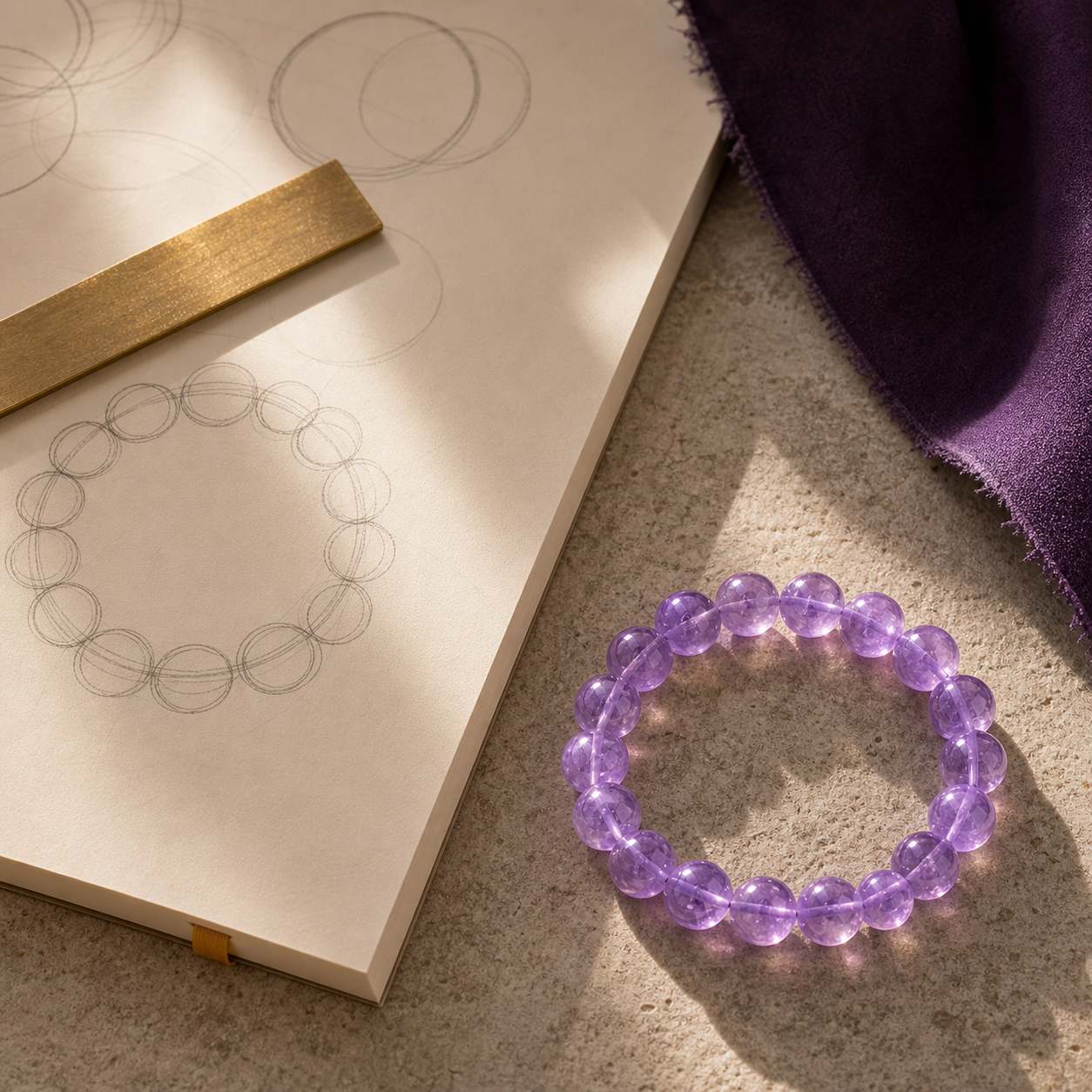 Bracelet design sketch and finished purple bracelet on a workbench