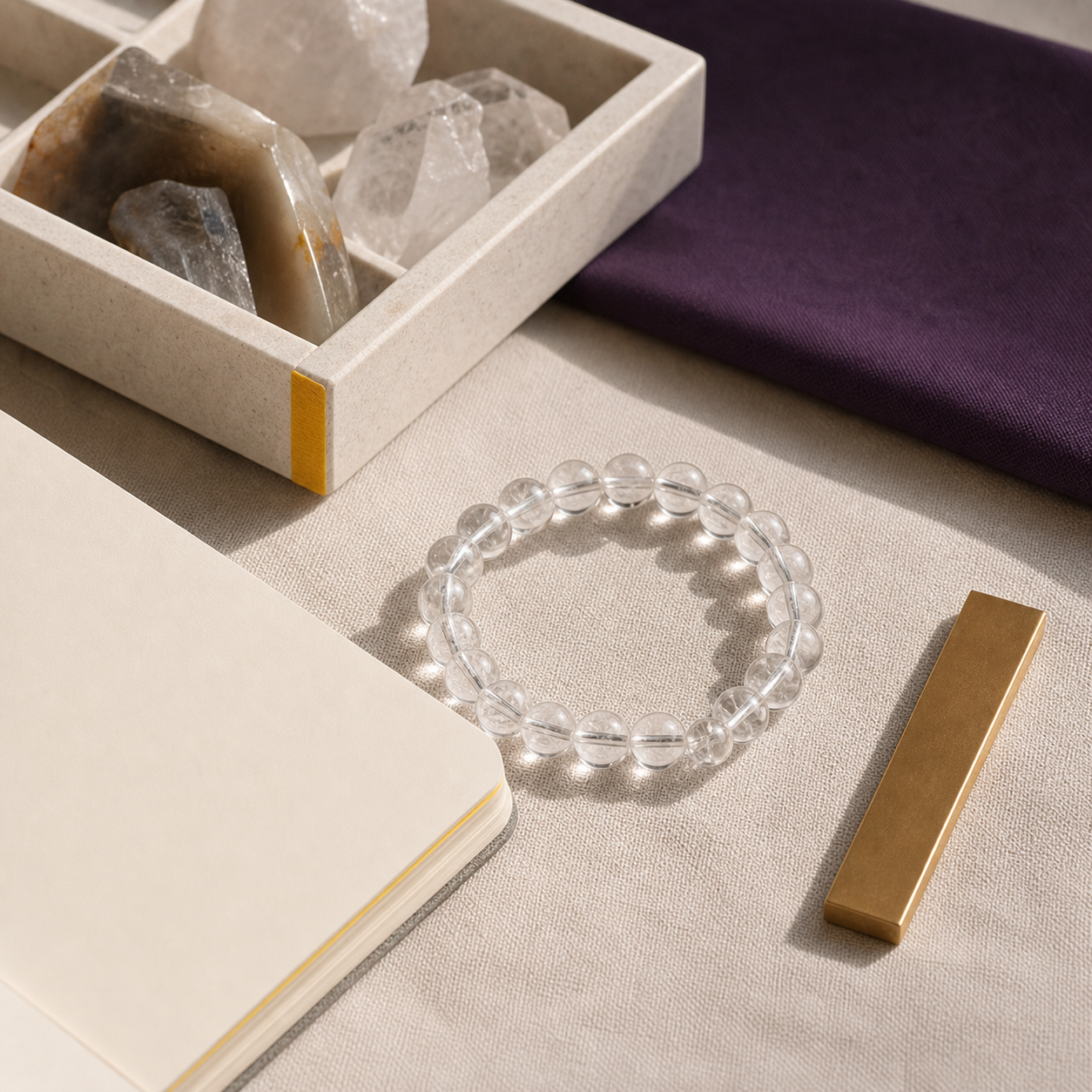 Clear finished bracelet in a sunlit editorial setting