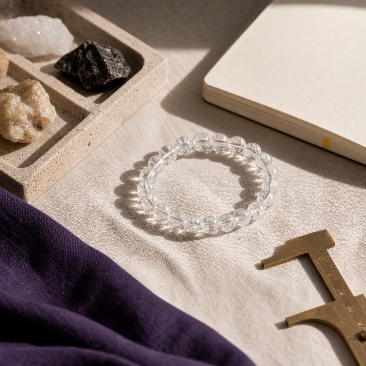 Clear finished bracelet beside a bead measuring caliper