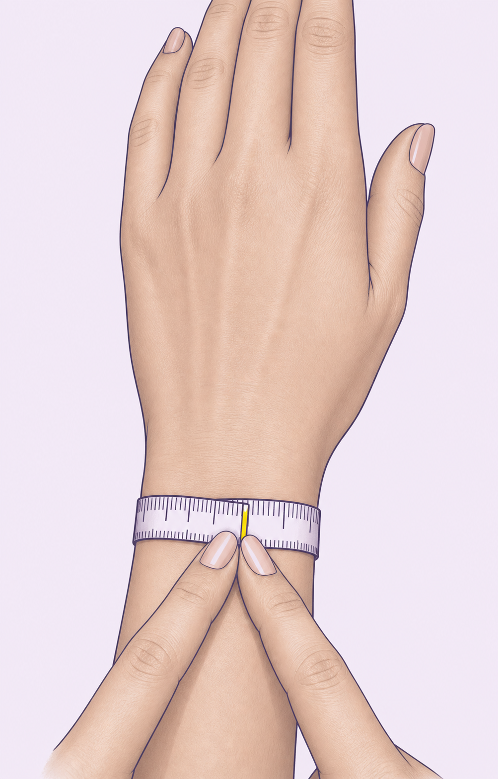 A soft measuring tape wrapped snugly around the wrist without compressing it